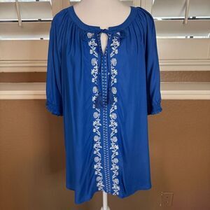 Lane Bryant Women's 22/24 Smock Sleeve Embroidered Tunic Top Blue White Beachy